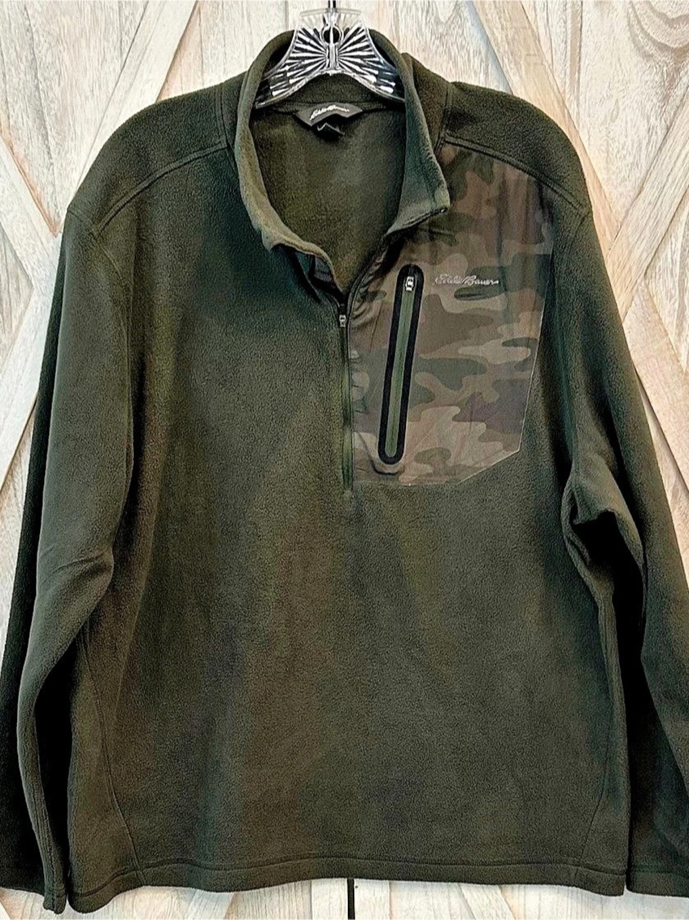 Eddie Bauer Quarter Zip Fleece Pullover Green Camo Chest Pocket Men’s XL
